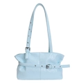Chic light blue pleated leather tote bag with decorative straps and silver buckles - Blue