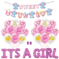 Pink Baby Shower decoration set featuring elephant banners and It's a Girl balloons - It's a Girl Pink Polka Dot Style