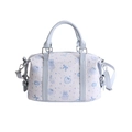 Fashionable light blue ribbon cat print Boston handbag with leather handle and strap - No Pendant / Blue