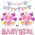 Pink Sweet Baby Girl shower party decoration set with balloons and banner on white background - Baby Girl Pink Glitter Style