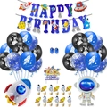 Space birthday party kit with astronaut banner, rocket balloons, and themed cake toppers - Set 15: Full Set Decoration with Large Topper and Blue Sequin Balloon Set