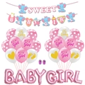 Pink and white baby girl shower decoration set with banners, balloons and elephant motifs - Baby Girl Pink Polka Dot Style