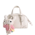 Creamy beige Boston style handbag in lychee grain PU leather with cute rabbit charm - With Pendant / Off White