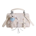 Creamy leather handbag with cute prints, adjustable strap, and plush bear charm - With Pendant / Off White