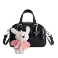Glossy black bowling handbag with silver buckles and a white plush bunny charm - With Pendant / Black