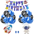 Set compleanno spazio con palloncini astronauta e striscione Happy Birthday - Set 1: Palloncini in alluminio a forma di razzo e astronauta con palloncini in lattice a pois blu