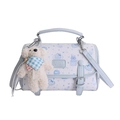 Blue and white cat pattern cylinder handbag with white teddy bear charm and strap - With Pendant / Blue