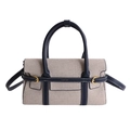Schultertasche aus beigem Canvas und dunkelblauem Leder mit PANTOR-Logo und Doppelgriffen - Blau