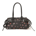 Floral denim shoulder bag with red roses and cherry prints on dark grey fabric background - Black