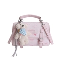 Pink sweet crossbody bag with cat bow patterns and white plush puppy keychain accessory - With Pendant / Pink