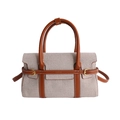 Retro Handtasche aus braunem Leder und beigem Canvas mit goldener Schnalle und Griffen - Braun