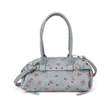 Detail of light blue denim lunch bag with red rose floral pattern and dual long handles - Blue