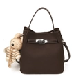 Retro dark brown bucket bag with lychee texture and cute rabbit plush pendant accessory - With Pendant / Brown