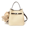 Vintage beige lychee leather bucket bag with dark brown handles and cute bear charm - With Pendant / Off White