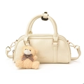 Elegante borsa a mano Boston bianco crema con hardware dorato e ciondolo a orsetto - Senza Ciondolo / Bianco Sporco