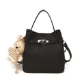 Retro black lychee grain bucket bag with drawstring closure and cute teddy bear charm - With Pendant / Black