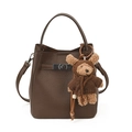 Brown litchi leather bucket bag with top handle, crossbody strap and plush bear charm - With Pendant / Brown