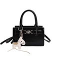Minimalist black glossy handbag with silver heart buckle and white horse charm accessory - With Pendant / Black
