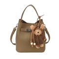 Brown lychee leather bucket bag with top handle and cute teddy bear pendant - With Pendant / Gray