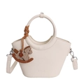 Beige bucket bag in litchi grain leather with round handle and horse charm - Off White