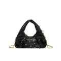 Black PU leather crescent dumpling bag with golden rivets and chain shoulder strap - Black