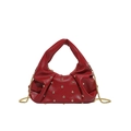 Red pleated leather dumpling bag with sparkling rhinestones and gold chain strap - Red