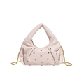 Pink pleated handbag with sparkling rhinestone accents and a gold chain strap - Pink