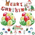 Detailed Christmas party kit with red banner, festive balloons and themed cake toppers - Set 5: 11 Cake Toppers + 20 Balloons (6 Reindeer Red + 6 Reindeer Green + 8 Gold Confetti) + Banner + 2 Ribbons