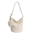 Minimalist beige bucket bag with matching round coin purse and knotted strap detail - White