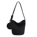 Minimalist black bucket bag in pebble leather with knotted strap and round coin pouch - Black