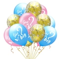 Set di palloncini Gender Reveal con palloncini rosa, blu e coriandoli dorati su sfondo bianco - Stile Paillettes Rosa Blu E Oro