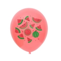 Detailed view of pink latex balloon featuring cute cartoon watermelon patterns and prints - Watermelon Pink / 12 Inch