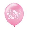 Rosa Gender Reveal Latex Ballon mit weißem He or She Aufdruck und Geschlechtssymbolen - He or She / Rosa
