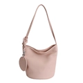 Chic pink bucket bag in litchi grain faux leather with a round coin pouch charm - Pink