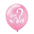 Detailed view of a pink latex gender reveal balloon with white Girl or Boy text graphics - Girl or Boy / Pink