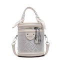 Elegante borsa a secchiello crema con motivo geometrico e foulard sul manico - Bianco Sporco