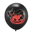 Detail eines schwarzen Halloween-Ballons mit rotaugiger Katze und Kürbis-Illustration - Schwarze Katze und Kürbis Muster - Schwarz