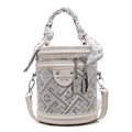 Elegante borsa a secchiello crema con jacquard e foulard a cuore sul manico corto - Beige e Grigio
