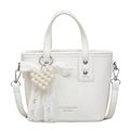 Elegant cream bucket bag with pearl heart charm and lace bow detail for women - With Pendant / Off White