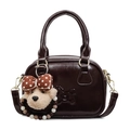 Bolso de mano para mujer en cuero brillante marrón oscuro con colgante de oso y herrajes dorados - Sin colgante / café