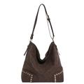 Deep brown large Hobo tote bag with studded edges and adjustable leather shoulder strap - Brown