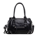 Retro black leather Boston bag with silver studs, tassels, and adjustable shoulder strap - Black