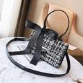 Women's black and white tweed square bag with silk bow and silver metal clasp - Black