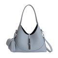 Elegante bolso tote de cuero gris azulado con hebilla plateada y mini bolso adjunto - Azul