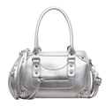 Silver metallic vintage Boston bag with rivets and tassels shown on white background - Silver