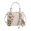 Chic beige crossbody bag with plush dog charm and floral scarf handle wrap - White With Pendant