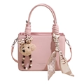 Pink lychee texture handbag with knot handle, silk scarf and plush poodle charm accessory - Pink With Pendant