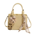 Cream yellow crossbody bag with litchi texture, plush bear charm and silk scarf handle - Yellow with Pendant