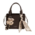 Dark brown glossy mini square handbag with cylindrical handle and plush puppy charm - Coffee With Pendant