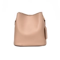 Minimalist beige leather bucket bag with matching hangtag and smooth rounded silhouette - Khaki
